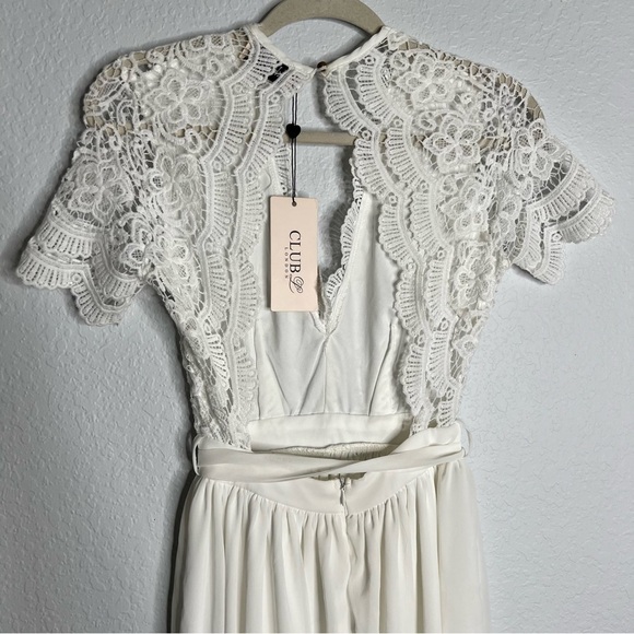 Club L London Maxi Dress Women Size 2 lace Crochet V Neck white Gown Asos b3 - Picture 9 of 14